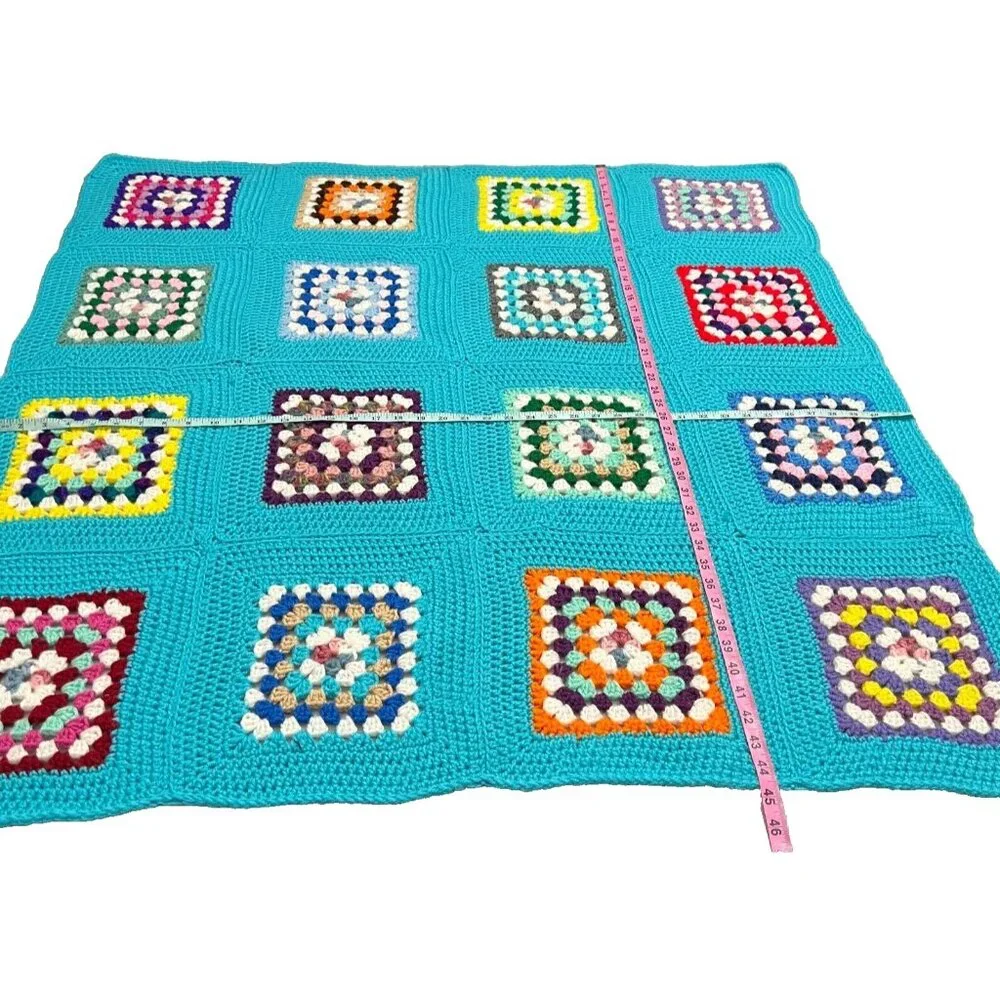 Boho‎ Y2K Crochet Granny Square Afghan Blanket Handmade Turquoise Rainbow 42x45